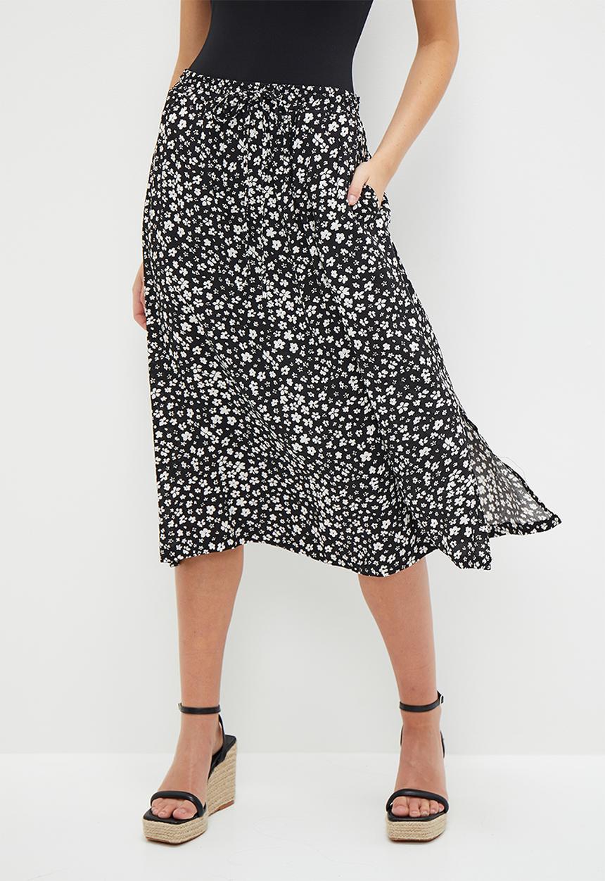 HAILYS - Print Midi Skirt - Black Flower