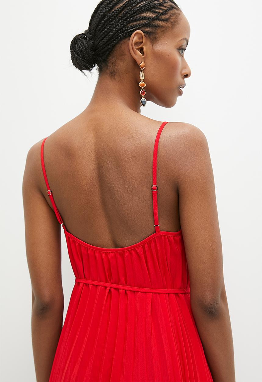 Pleated trapeze midi dress - red