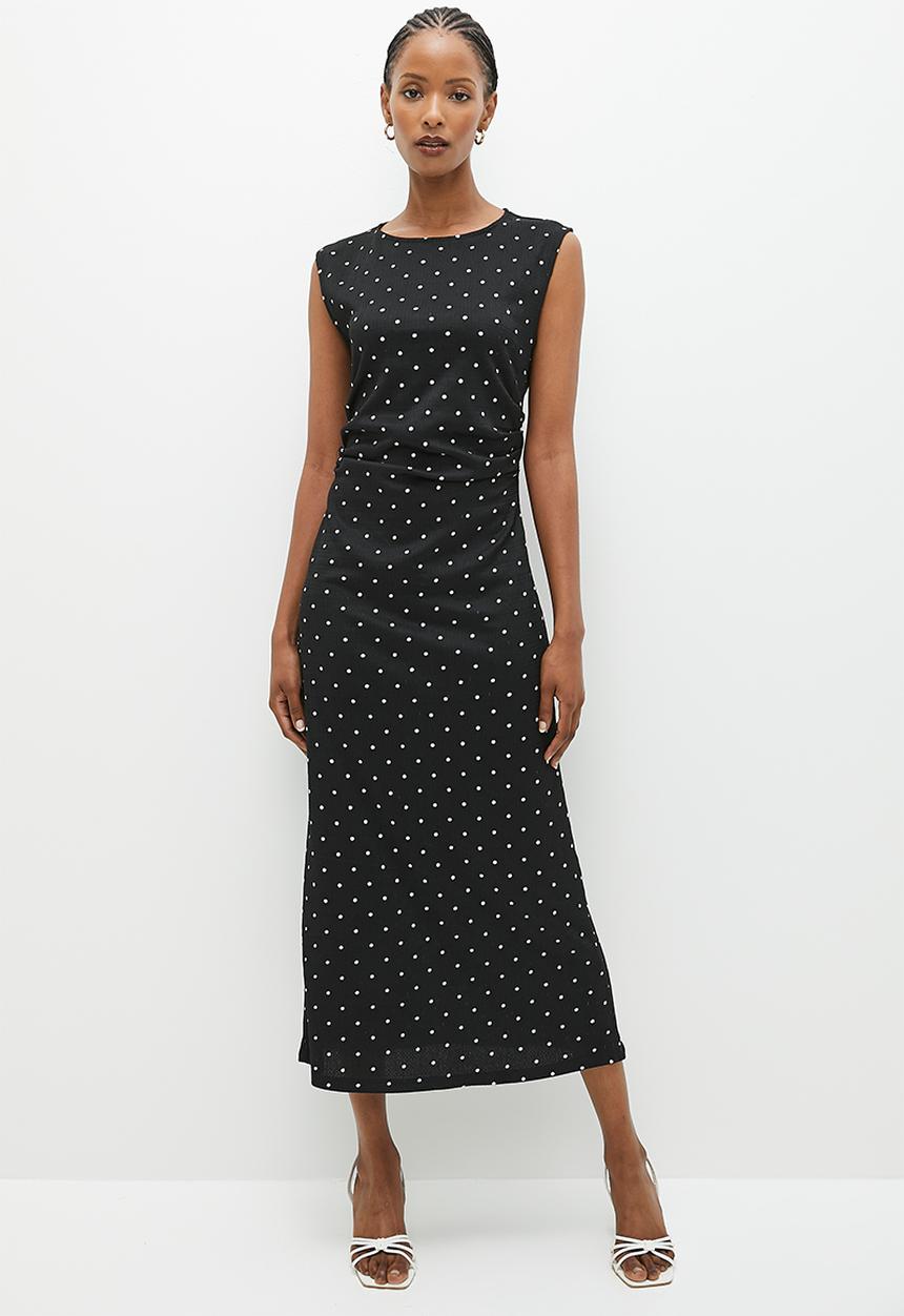 edit - Ruched waist midi dress - black & white spots