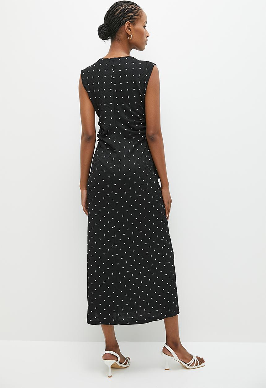 edit - Ruched waist midi dress - black & white spots