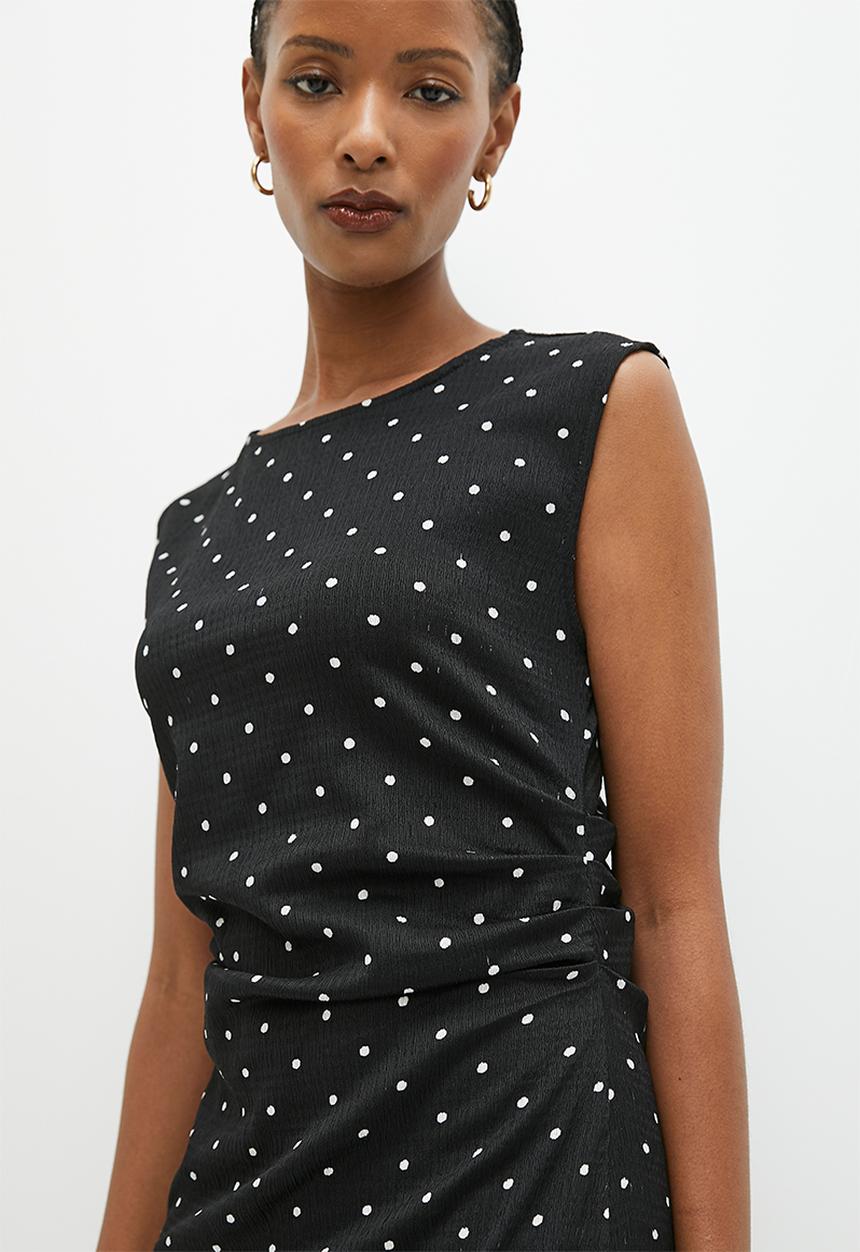edit - Ruched waist midi dress - black & white spots