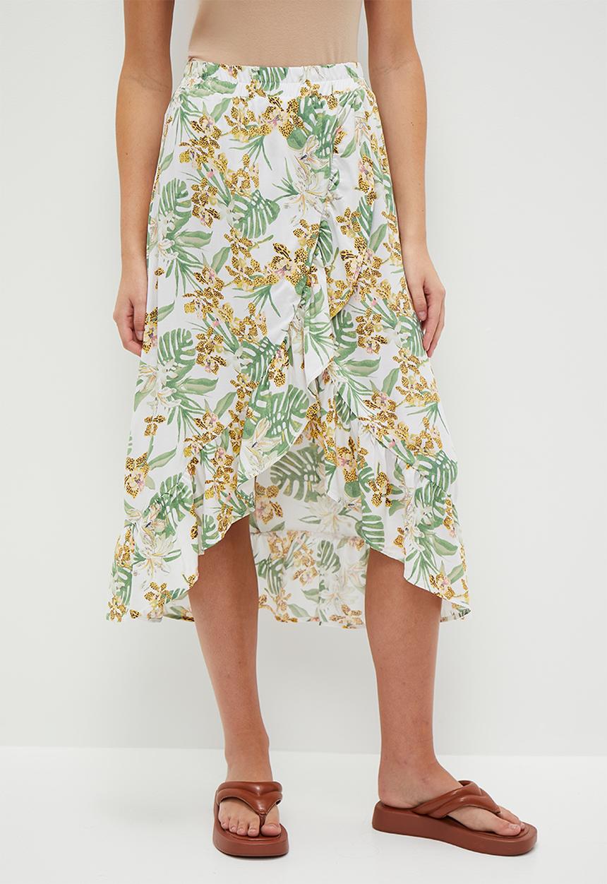 HAILYS - Print Asymmetrical Hem Maxi Skirt - Off White Palm
