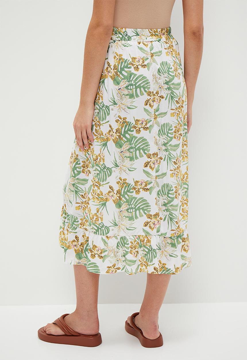 HAILYS - Print Asymmetrical Hem Maxi Skirt - Off White Palm