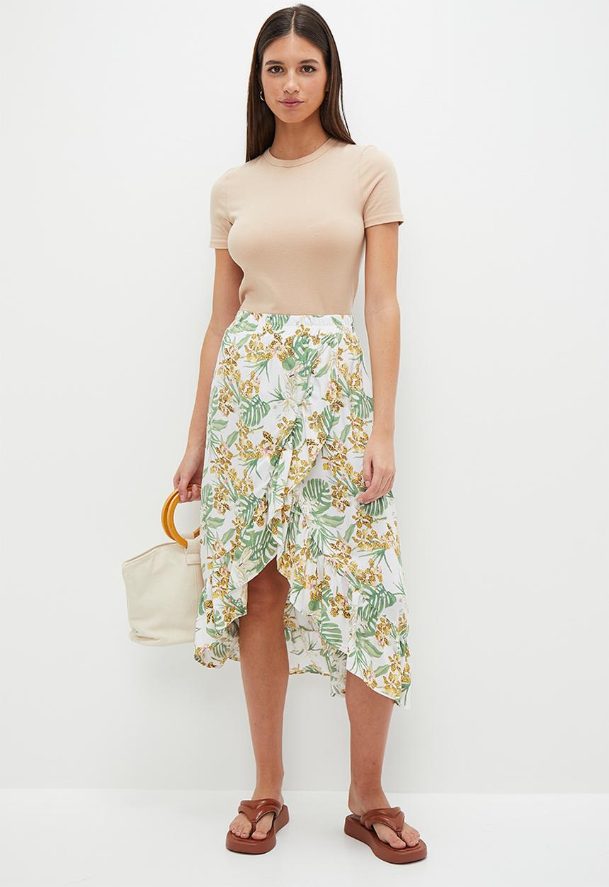 HAILYS - Print Asymmetrical Hem Maxi Skirt - Off White Palm