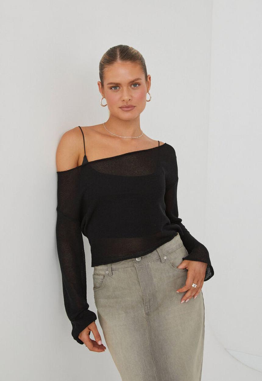 Supré  - Carla wide neck sheer knit jumper -  black