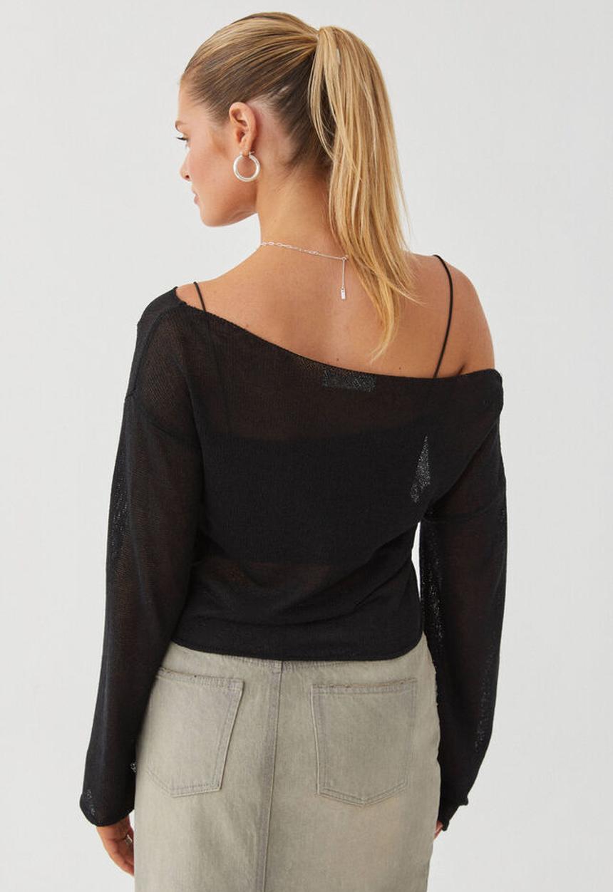 Supré  - Carla wide neck sheer knit jumper -  black