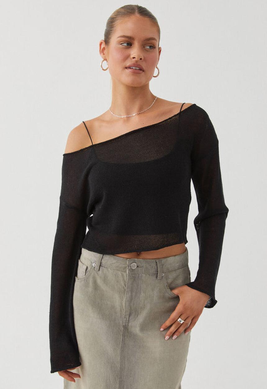Supré  - Carla wide neck sheer knit jumper -  black