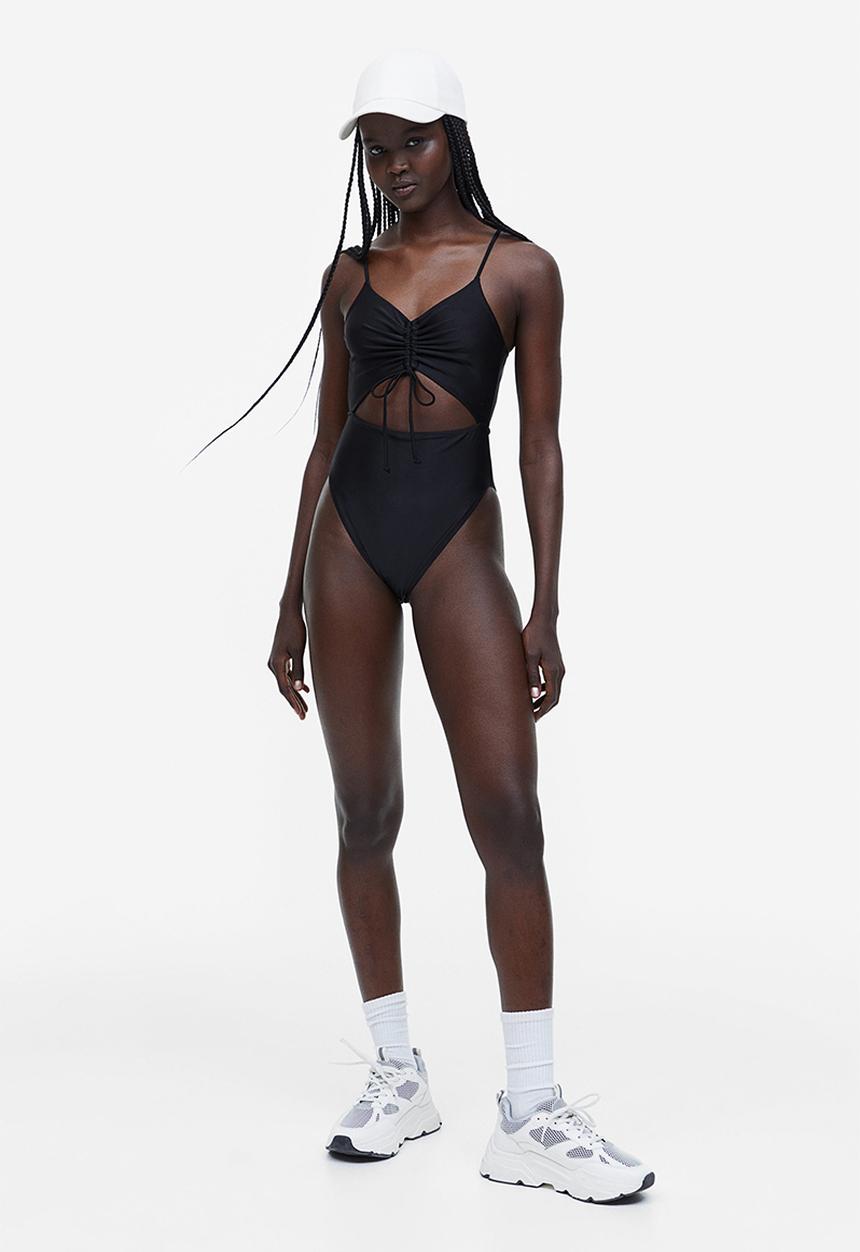 H&M - High leg drawstring-detail swimsuit - black