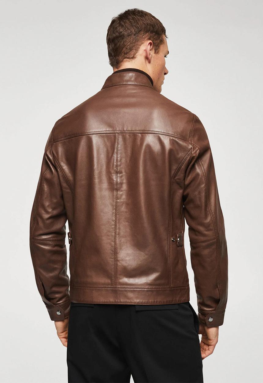 MANGO - Leather marea biker jacket  - brown