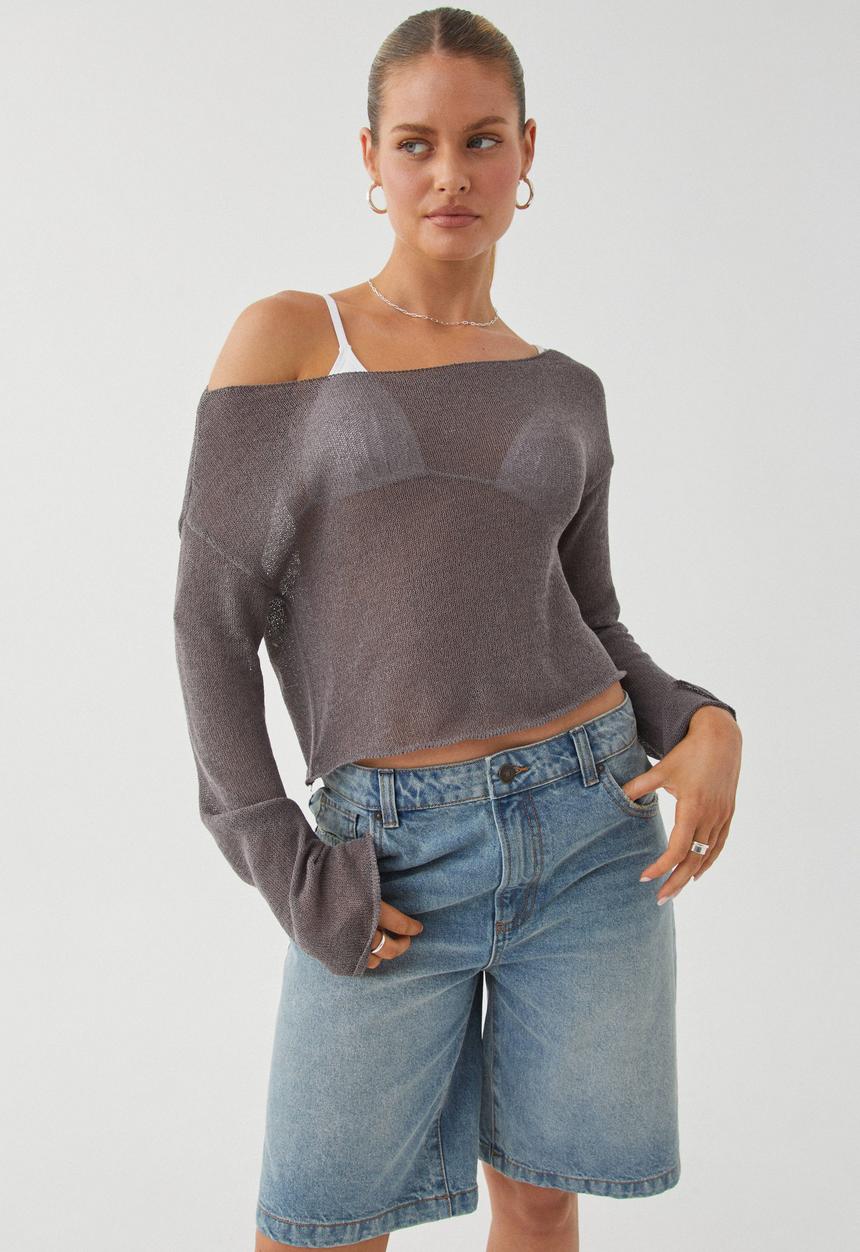 Carla Wide Neck Sheer Knit Jumper - Suede Grey