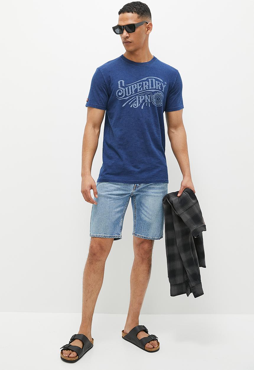 Superdry. - Vintage script indigo ww tee - reverse snowy wash indigo