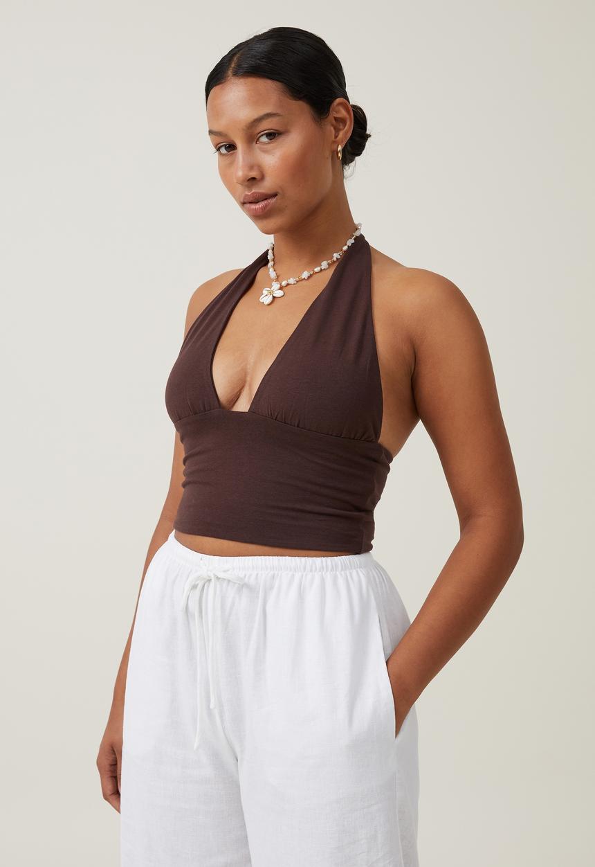 Cotton On - Jessica V Neck Halter Top - Dark Oak