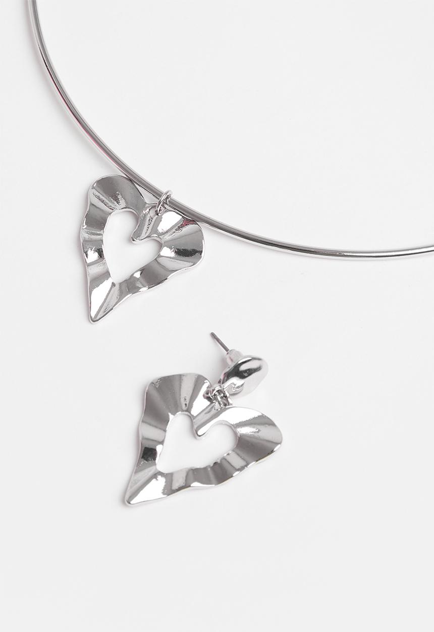 Superbalist - Heart shaped earring and necklace set - silver