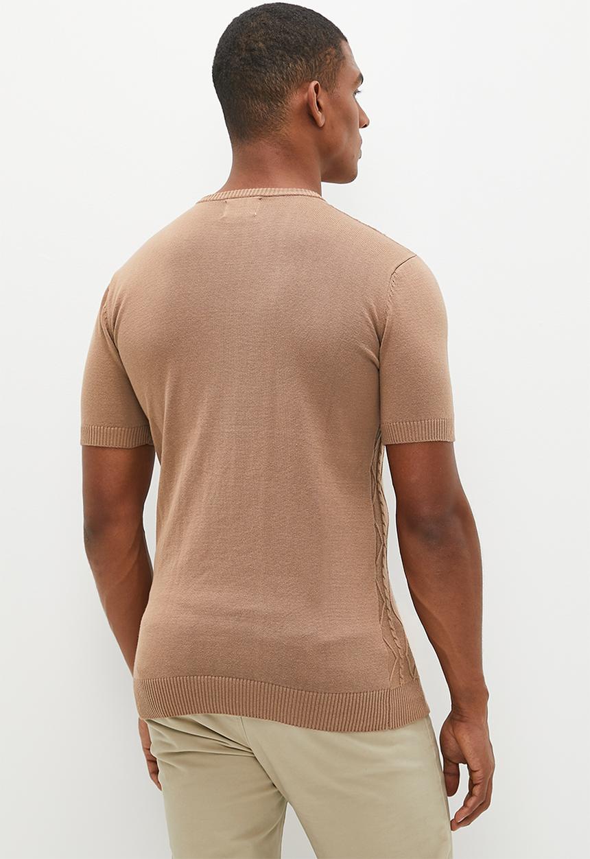 Lark & Crosse - Jacquard knit high neck short sleeve tee - taupe