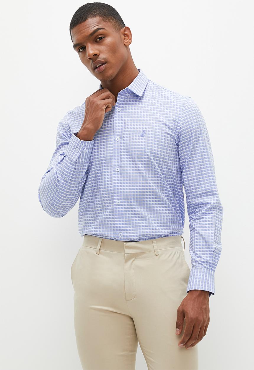POLO - Mens textured check long sleeve shirt - blue