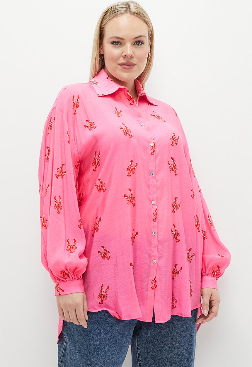 Me&B - Plus sheer bellow sleeve shirt - lobster