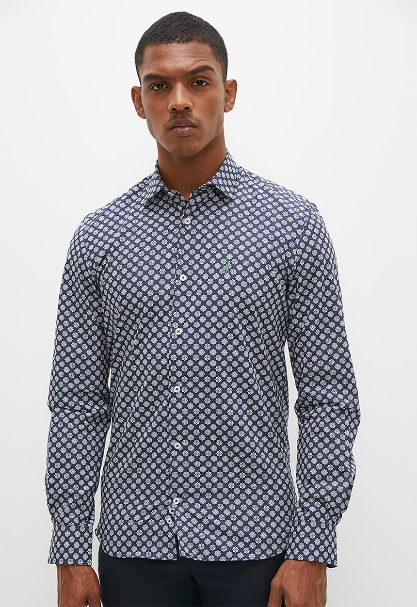 POLO - Mens geometric printed long sleeve shirt - navy 
