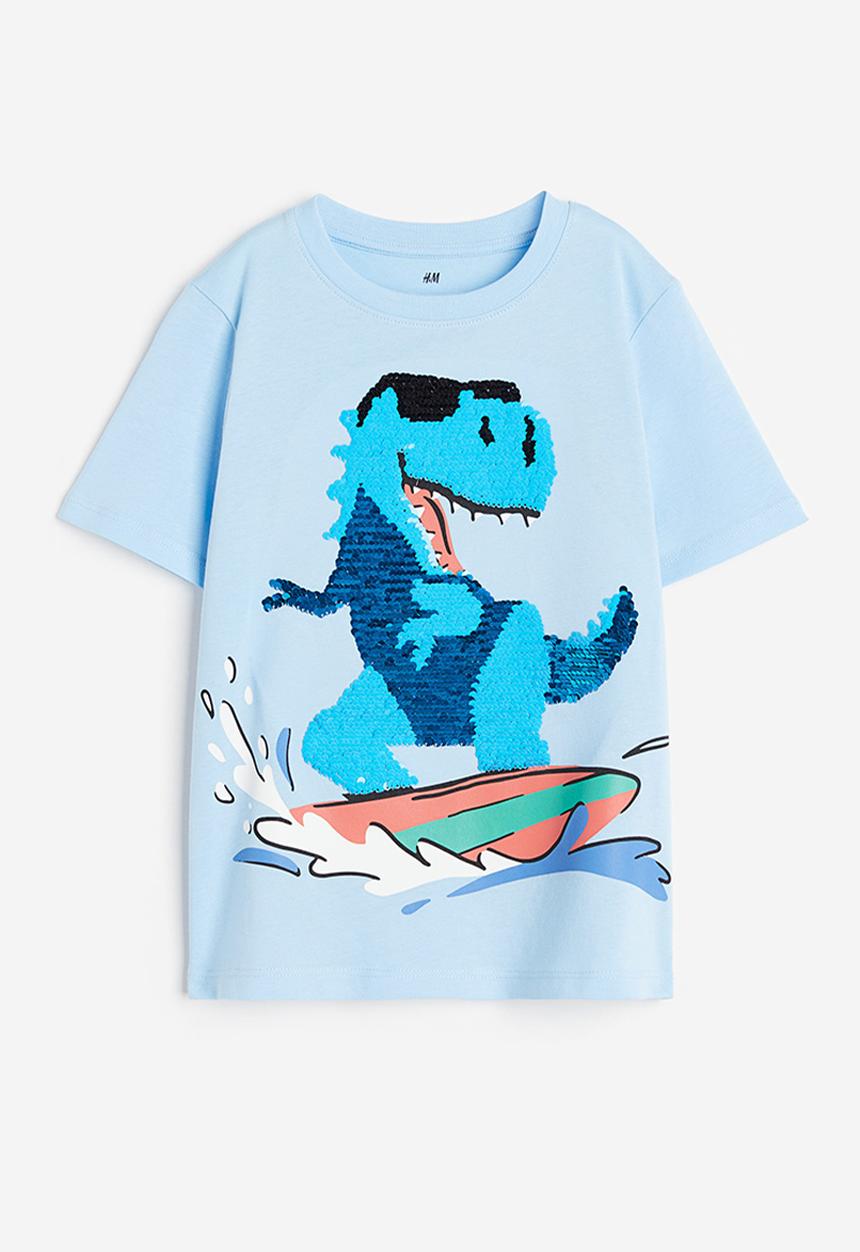H&M - Reversible-sequin t-shirt - light blue surfing dino