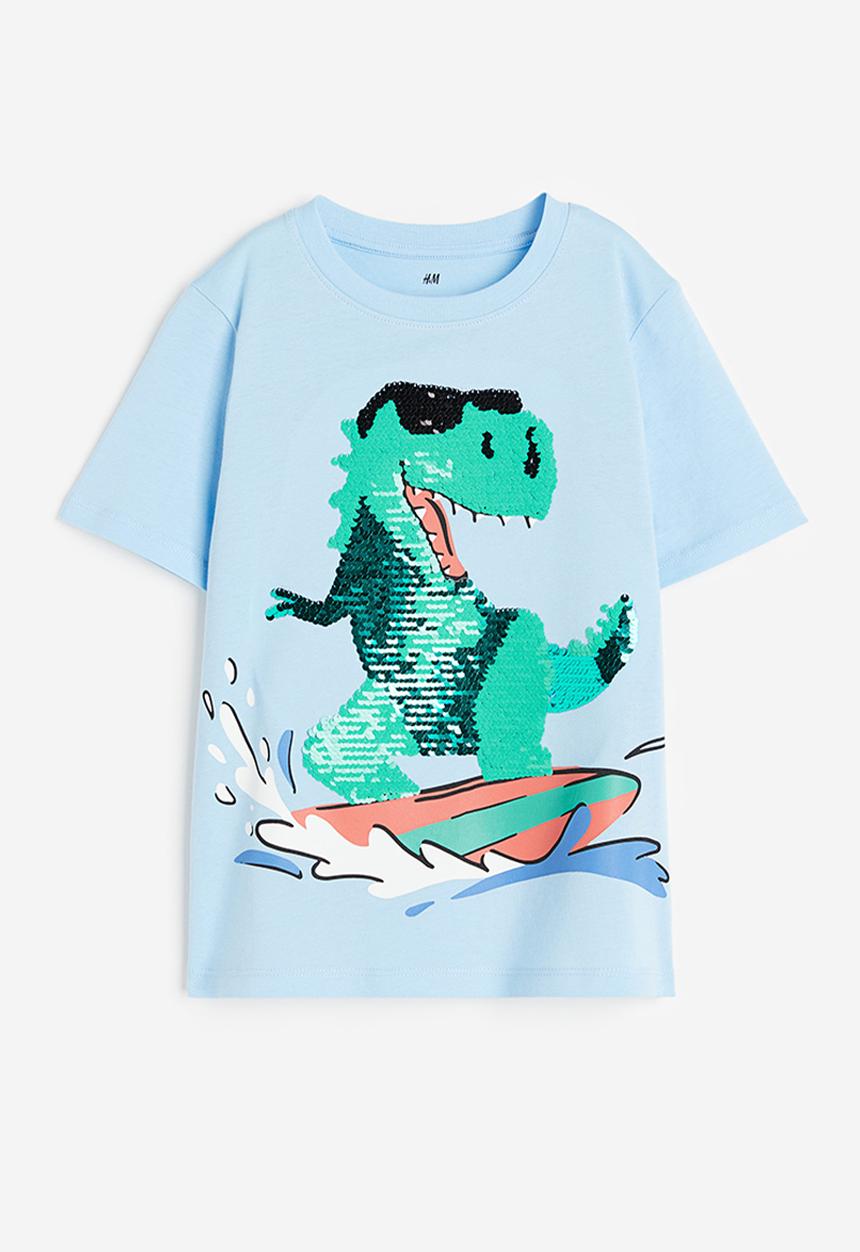 H&M - Reversible-sequin t-shirt - light blue surfing dino