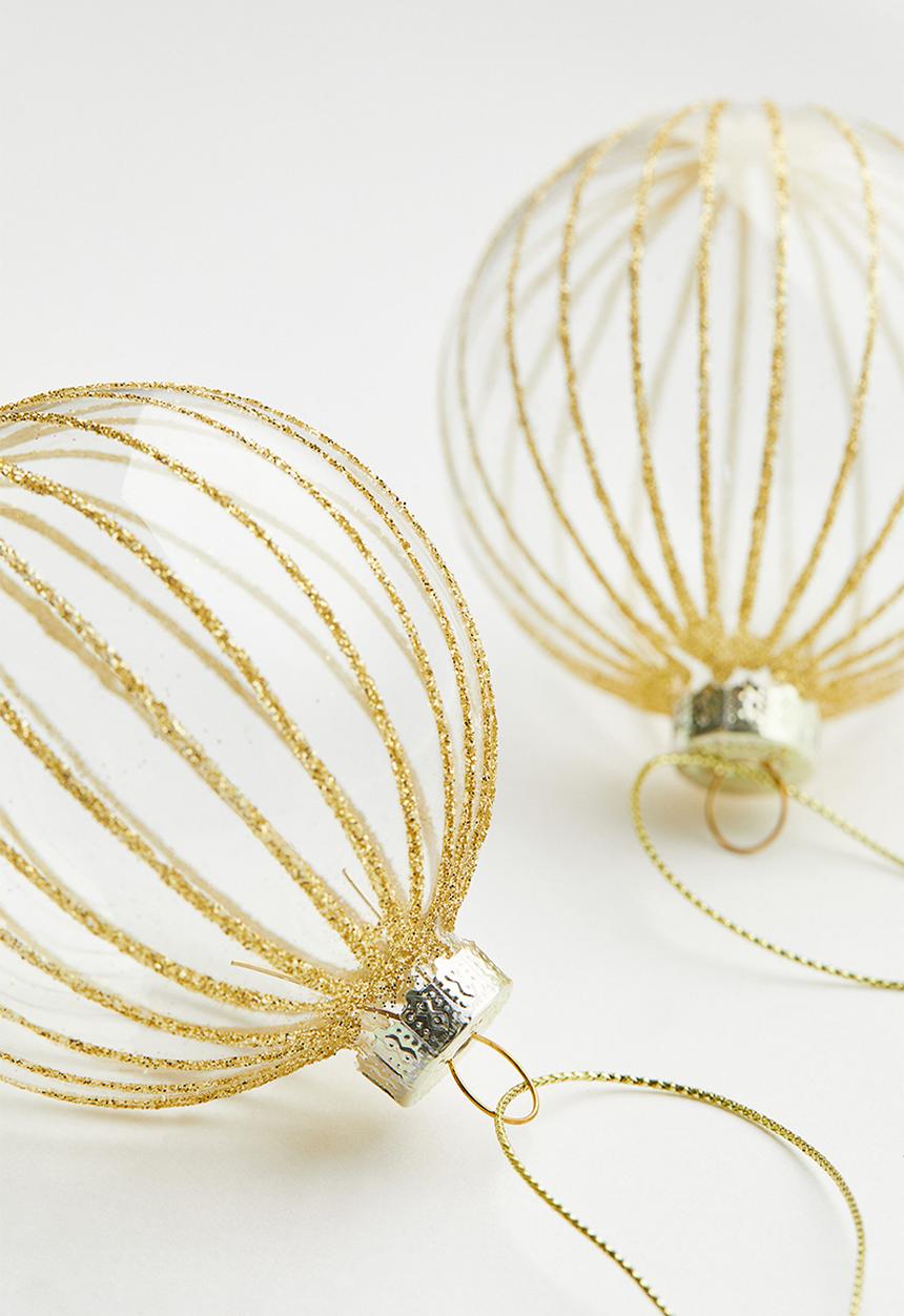 H&M - 2-Pack glittery glass christmas tree baubles - clear glass gold
