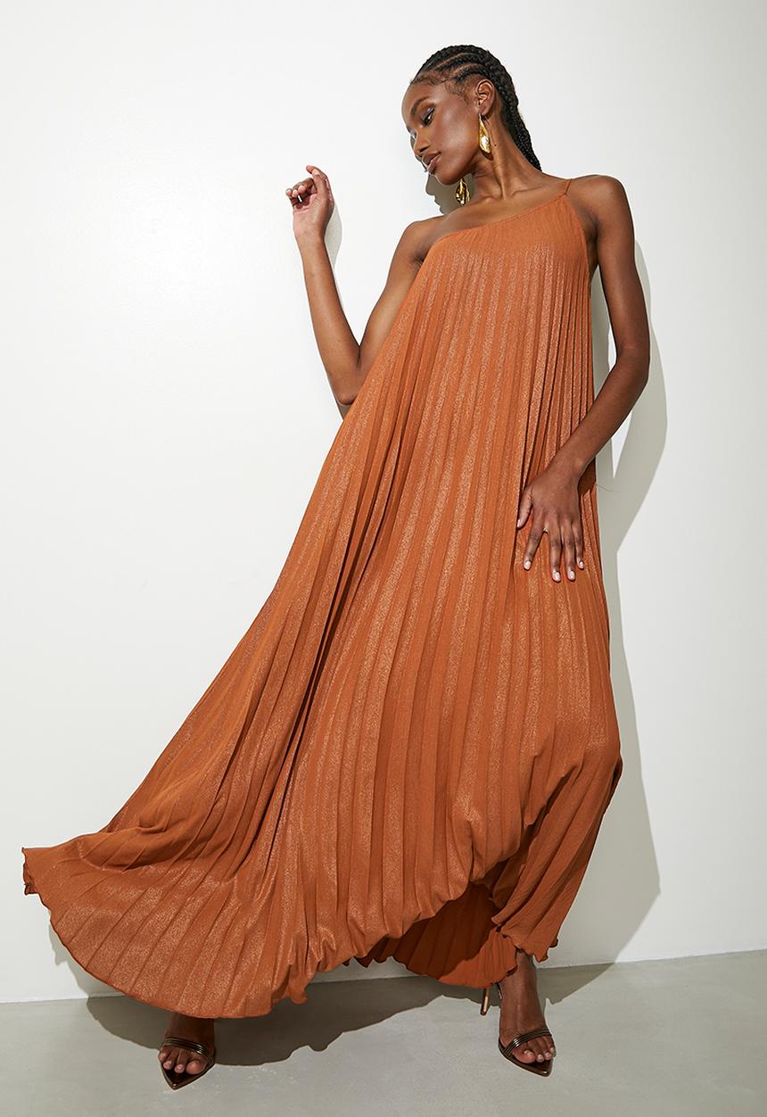VELVET - Asymmetric pleated kaftan dress - caramel