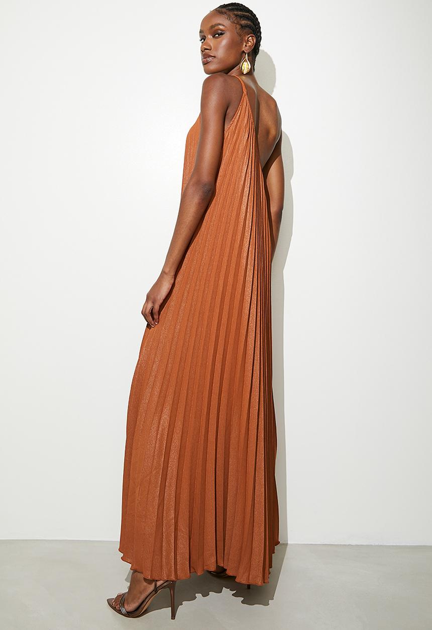VELVET - Asymmetric pleated kaftan dress - caramel