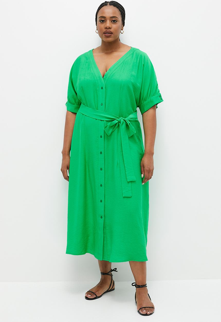edit - Button thru shirt dress with belt - green