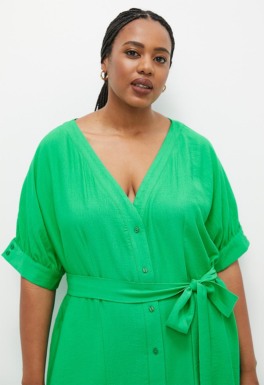 edit - Button thru shirt dress with belt - green