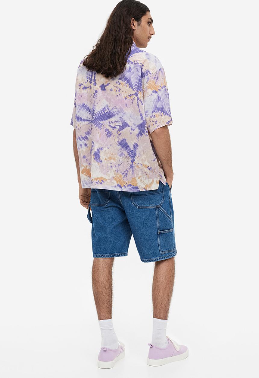H&M - Relaxed fit short-sleeved linen-blend shirt - purple tie-dye