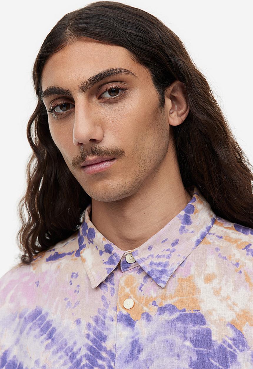 H&M - Relaxed fit short-sleeved linen-blend shirt - purple tie-dye