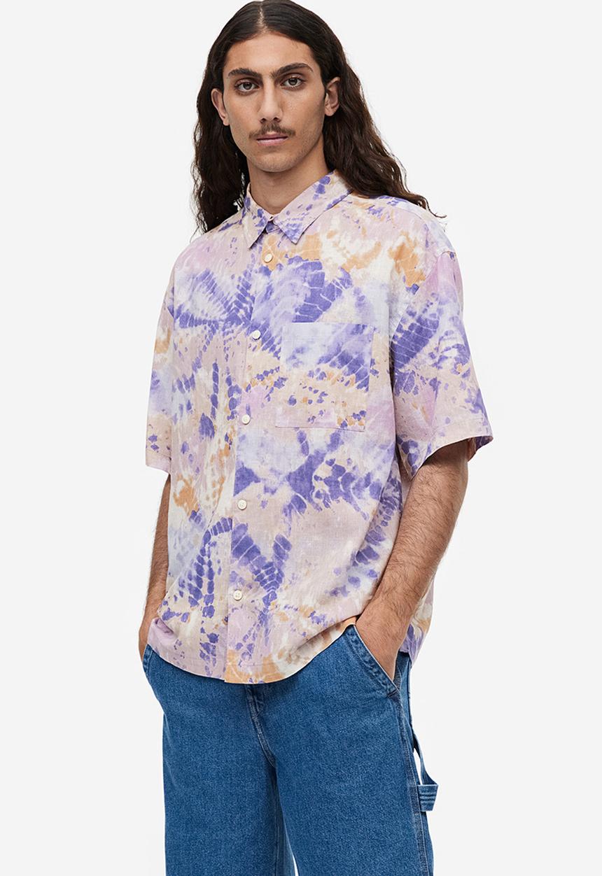 H&M - Relaxed fit short-sleeved linen-blend shirt - purple tie-dye