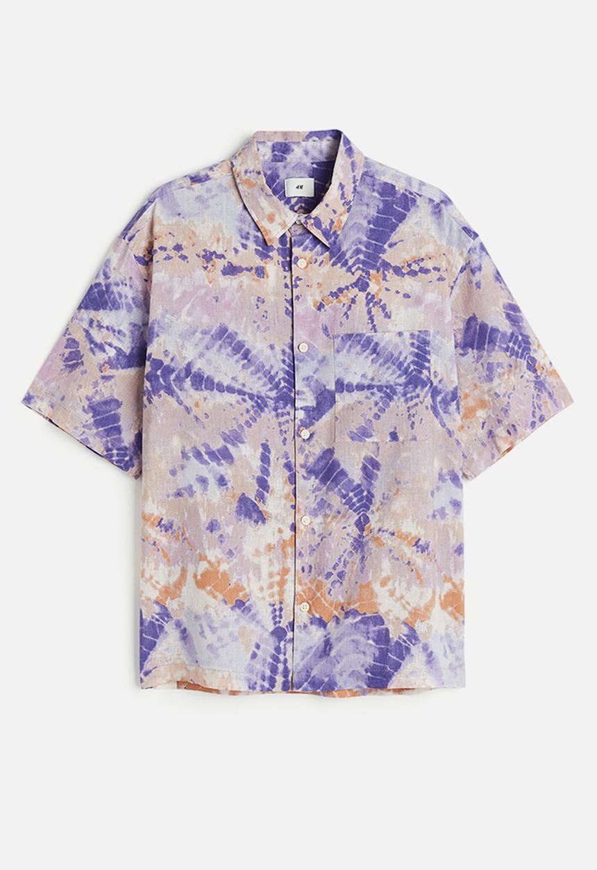 H&M - Relaxed fit short-sleeved linen-blend shirt - purple tie-dye
