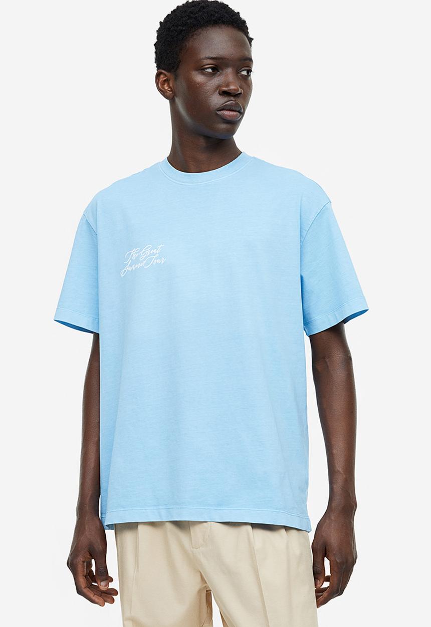 H&M - Relaxed fit printed T-shirt - light blue/summer tour