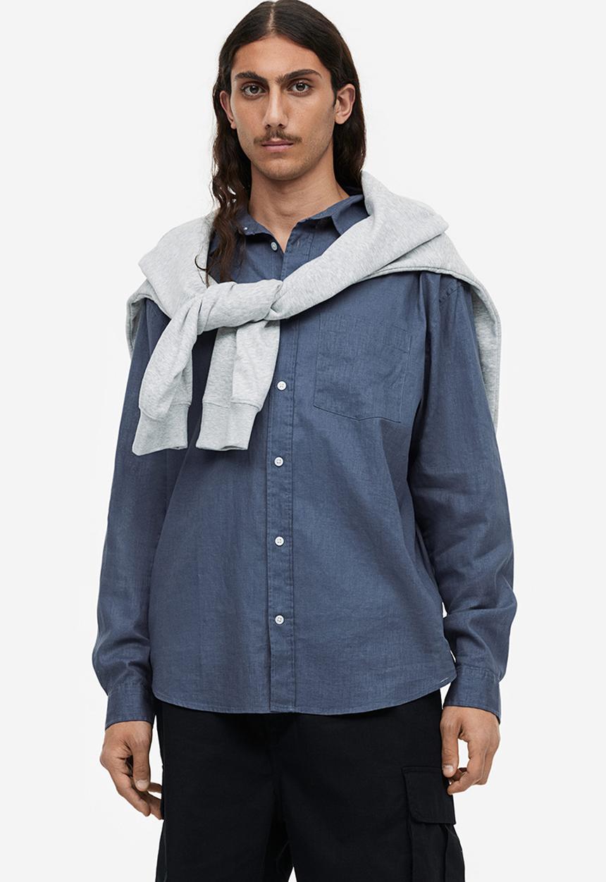 H&M - Relaxed fit linen-blend shirt - dark blue