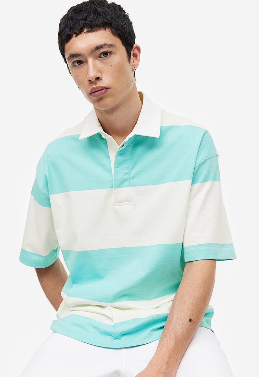 H&M - Oversized fit short-sleeved rugby shirt - turquoise white striped