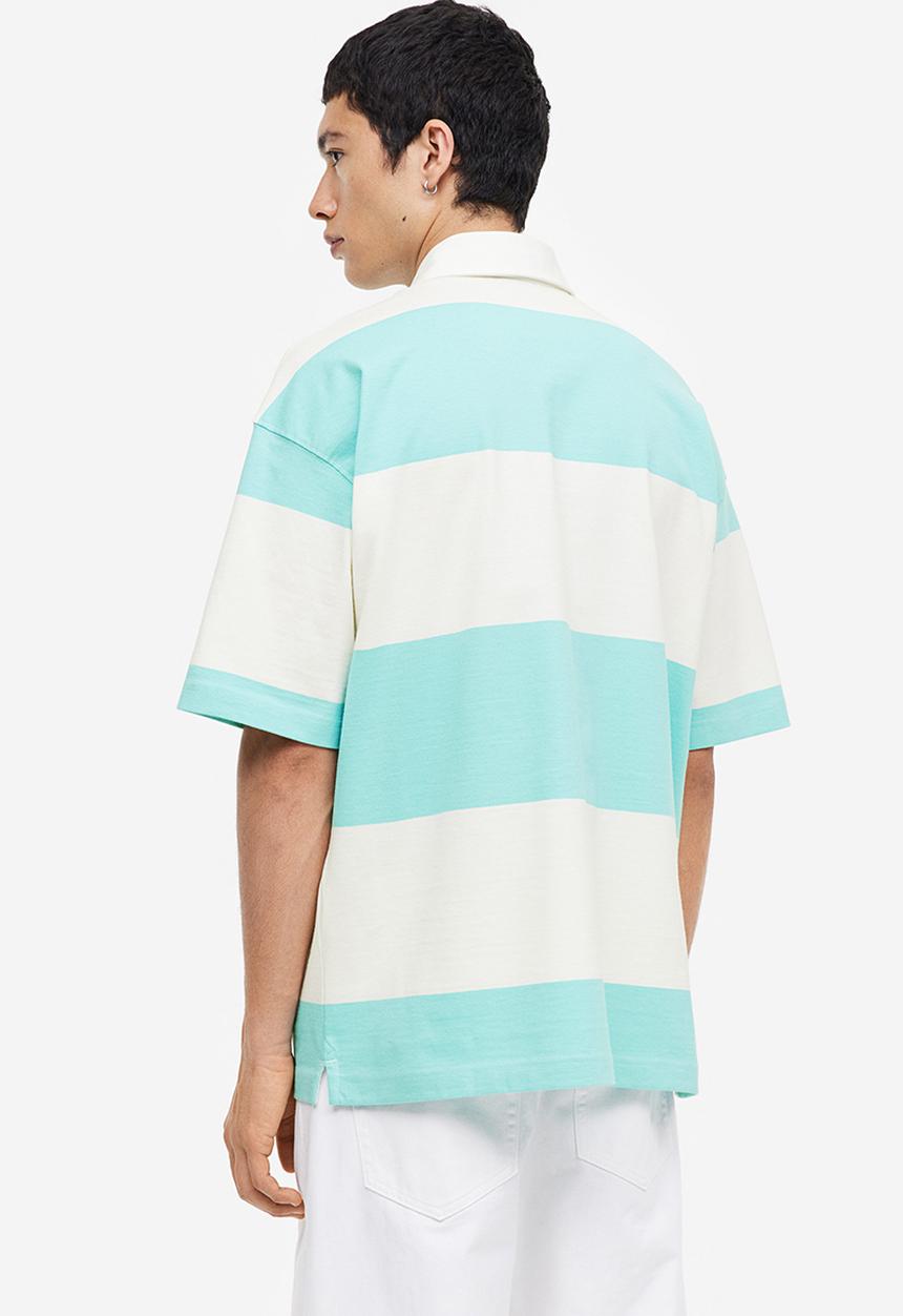 H&M - Oversized fit short-sleeved rugby shirt - turquoise white striped