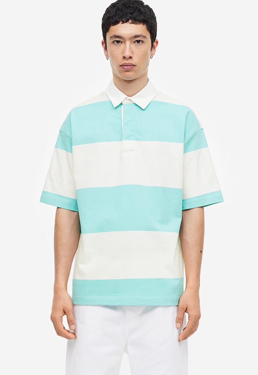 H&M - Oversized fit short-sleeved rugby shirt - turquoise white striped