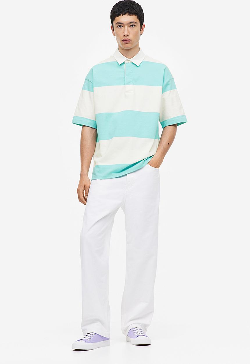 H&M - Oversized fit short-sleeved rugby shirt - turquoise white striped