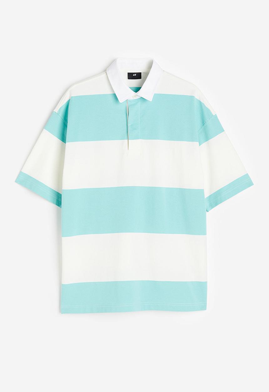 H&M - Oversized fit short-sleeved rugby shirt - turquoise white striped