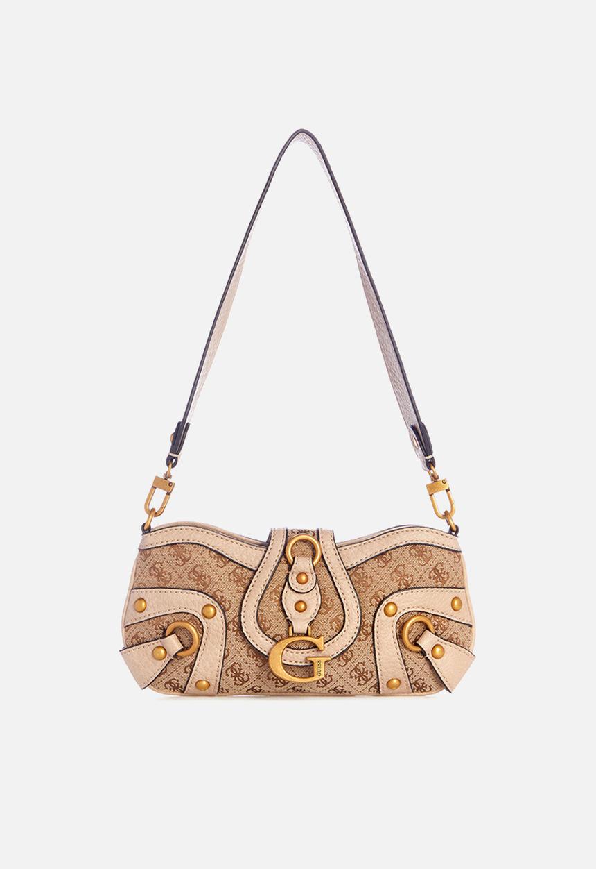 GUESS - Gloss vintage top zipper shoulder bag - latte logo & neutral