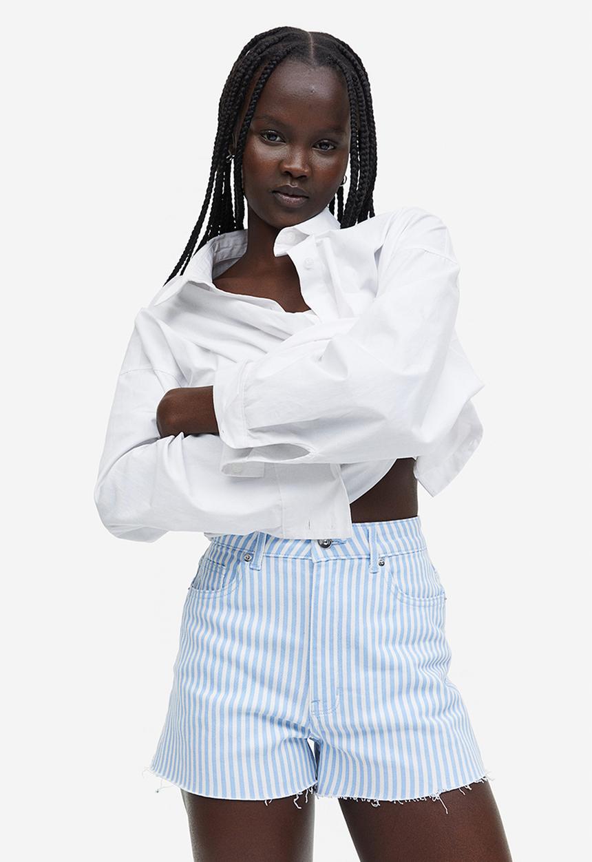 H&M - High-waisted twill shorts - light blue & white striped