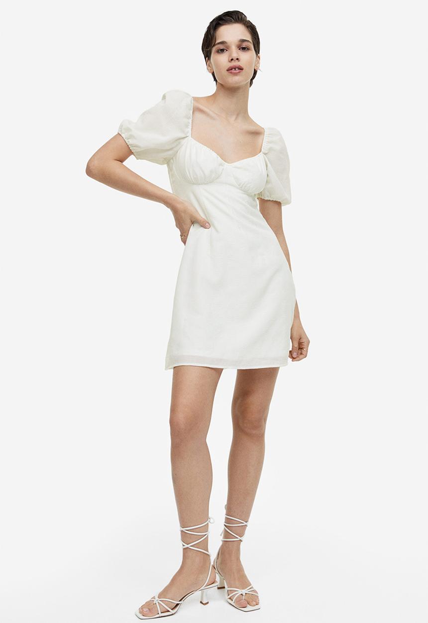 H&M - Puff-sleeved crêpe dress - cream 