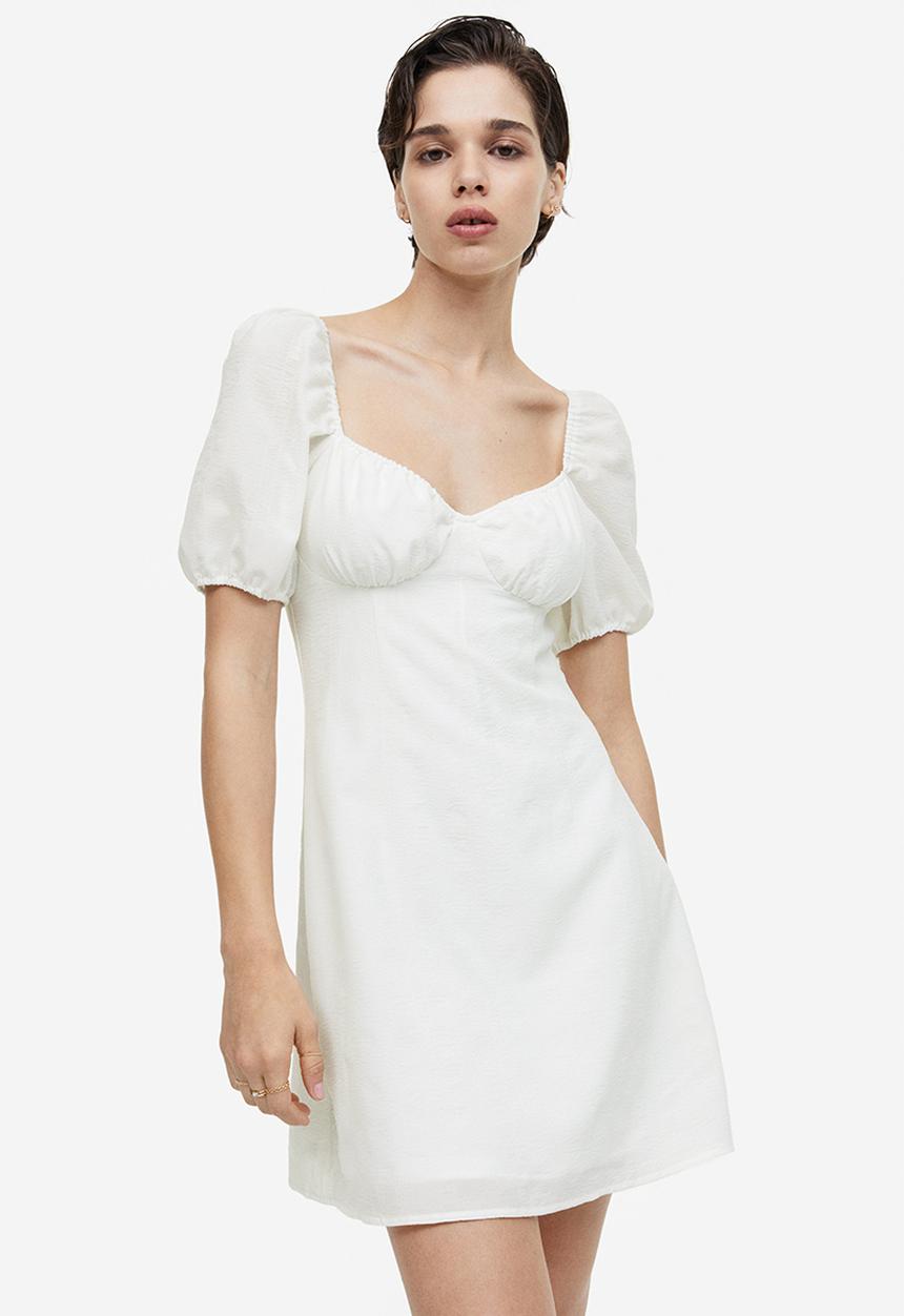 H&M - Puff-sleeved crêpe dress - cream 