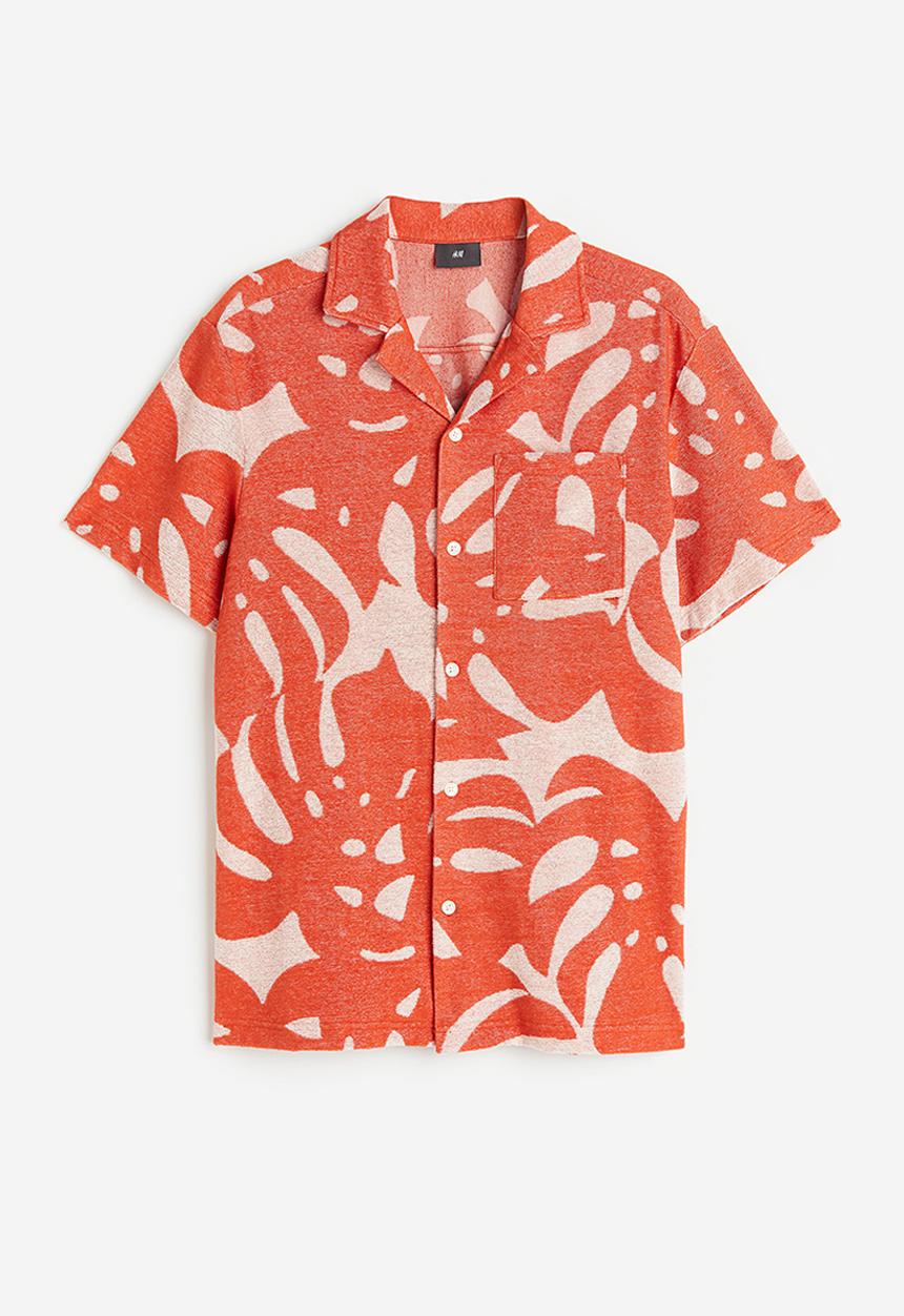 H&M - Regular fit terry resort shirt - orange leaf-patterned
