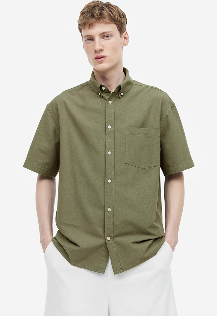 H&M - Relaxed fit short-sleeved oxford shirt - khaki green