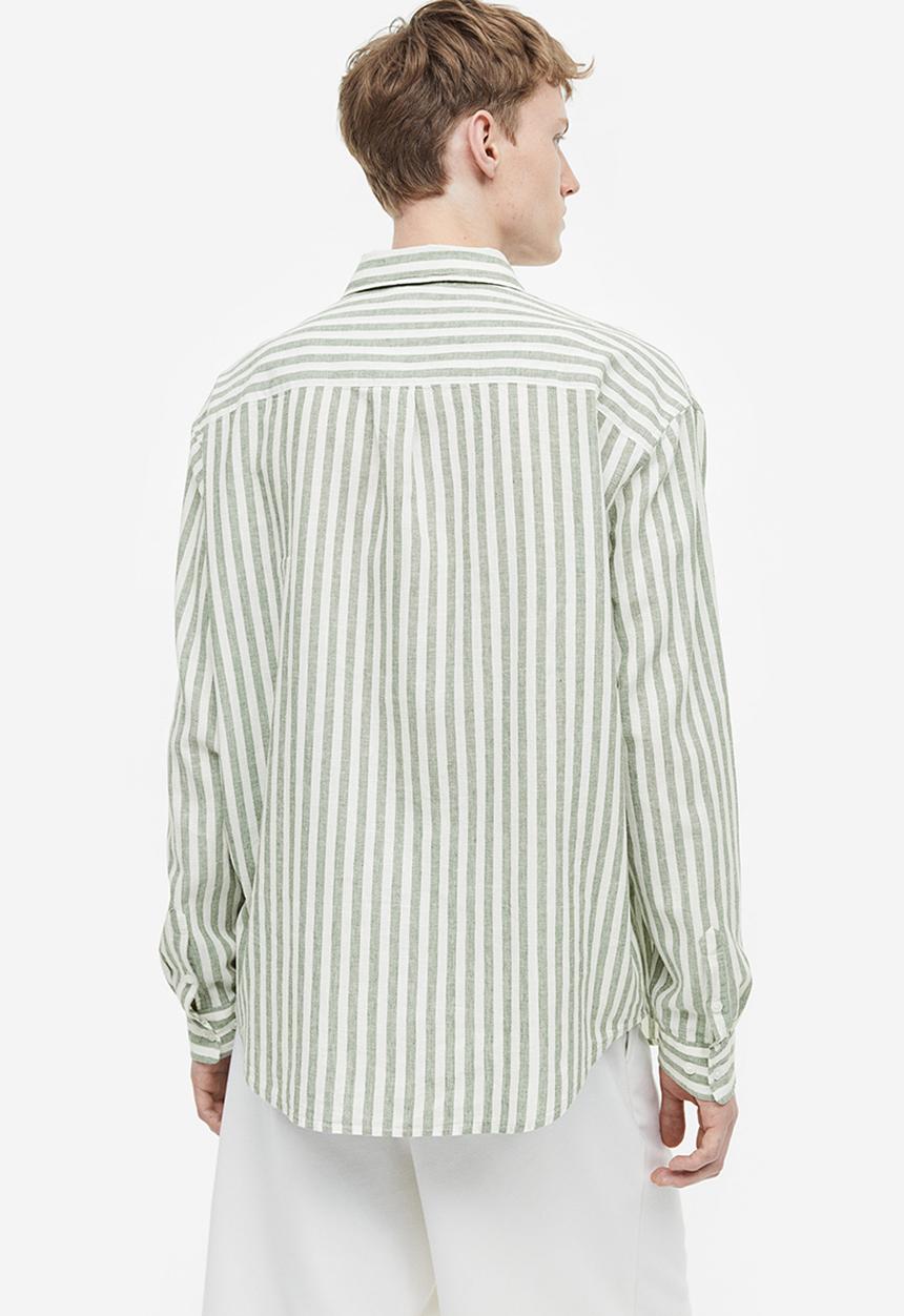 H&M - Relaxed fit linen-blend shirt - green white striped