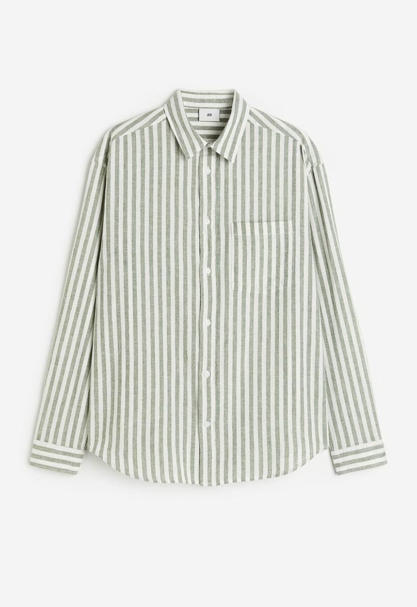 H&M - Relaxed fit linen-blend shirt - green white striped