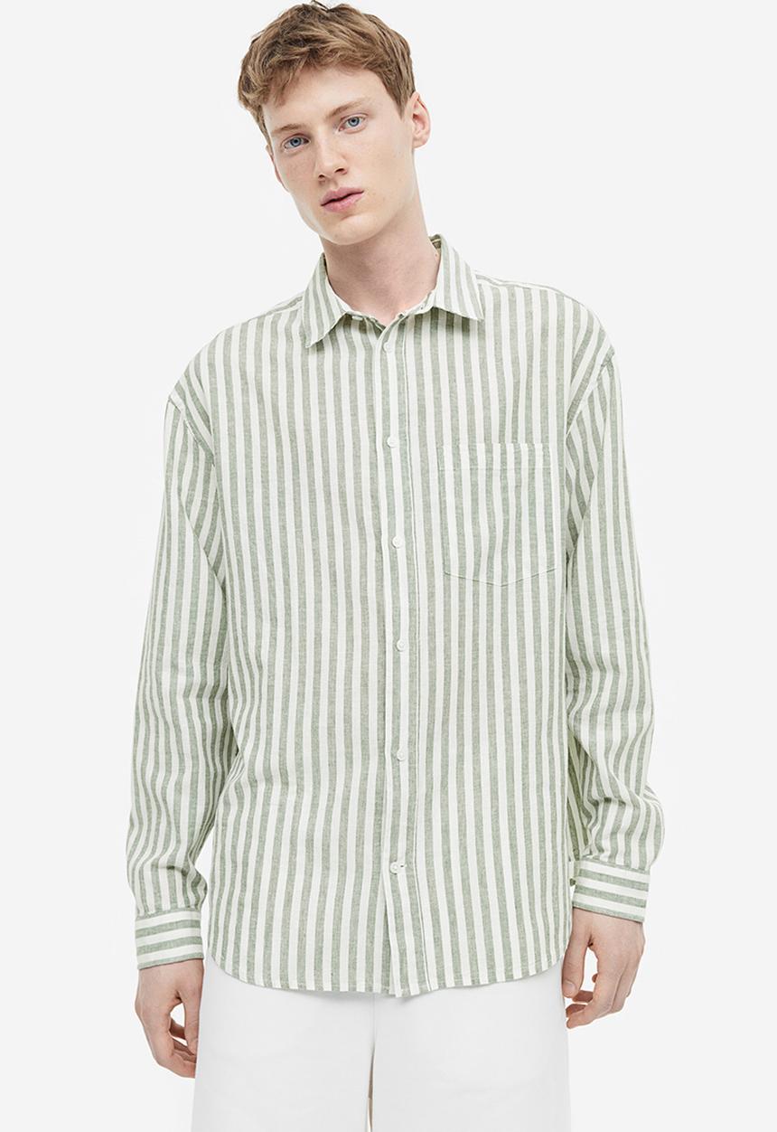 H&M - Relaxed fit linen-blend shirt - green white striped