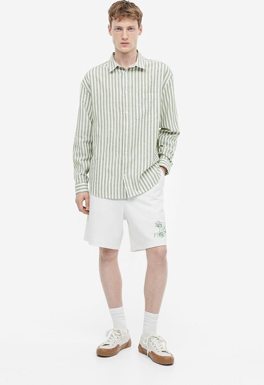 H&M - Relaxed fit linen-blend shirt - green white striped