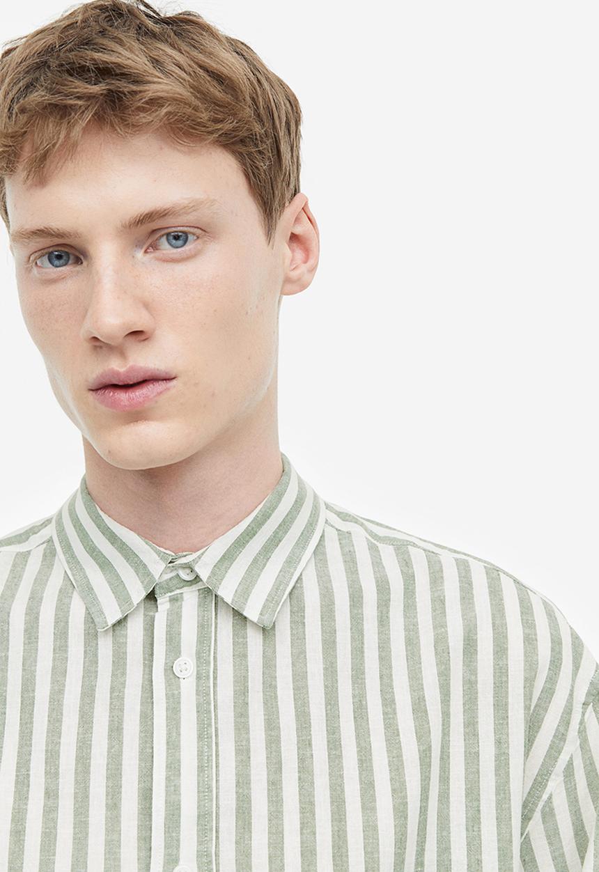 H&M - Relaxed fit linen-blend shirt - green white striped